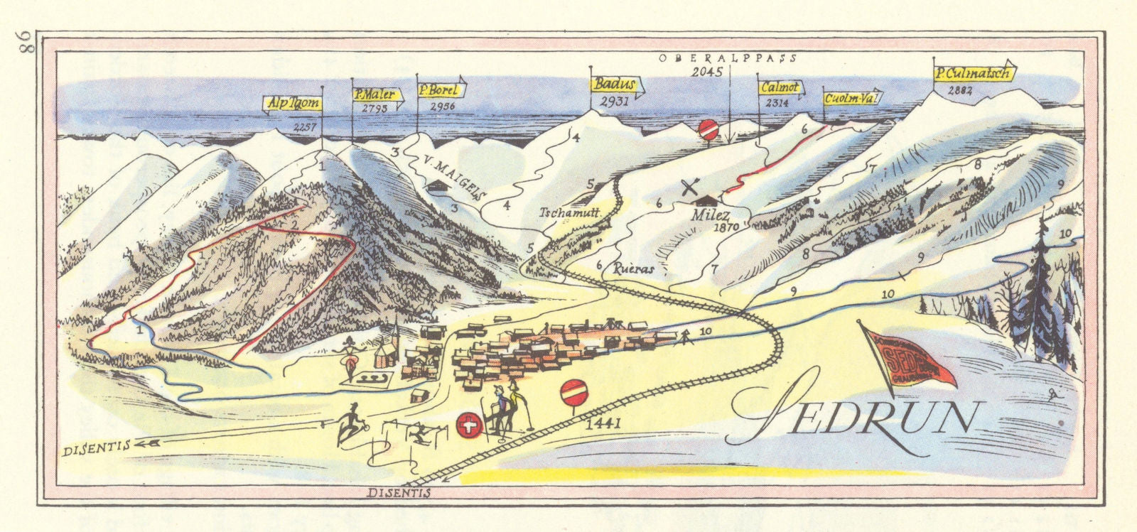 Sedrun small ski resort piste/trail map by Otto Müller. Switzerland 1949